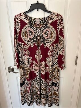Chico's Burgundy Paisley Scoop-Neck Swing Dress with Pink and Black Accents